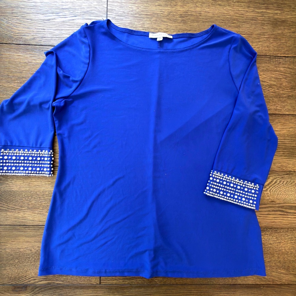 Annalee + Hope Royal Blue Beaded Cuff Blouse Faux Pearl 3/4 Sleeve Top Large